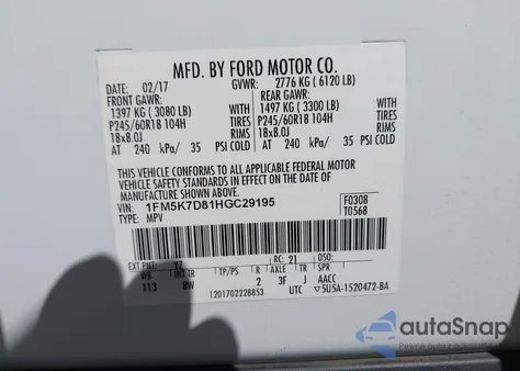2017 Ford Explorer Xlt from USA, damaged, VIN 1FM5K7D81HGC29195